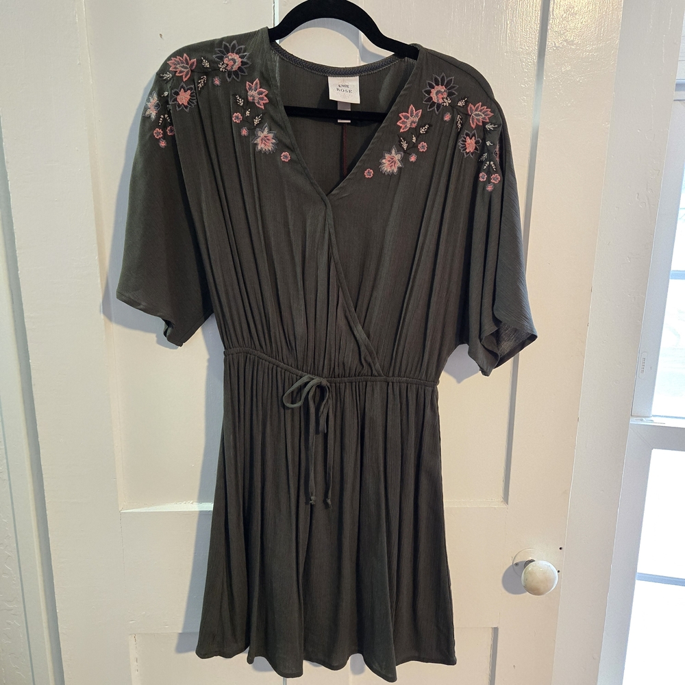 Knox Rose Olive Dress with‎ Pink Floral Embroidery